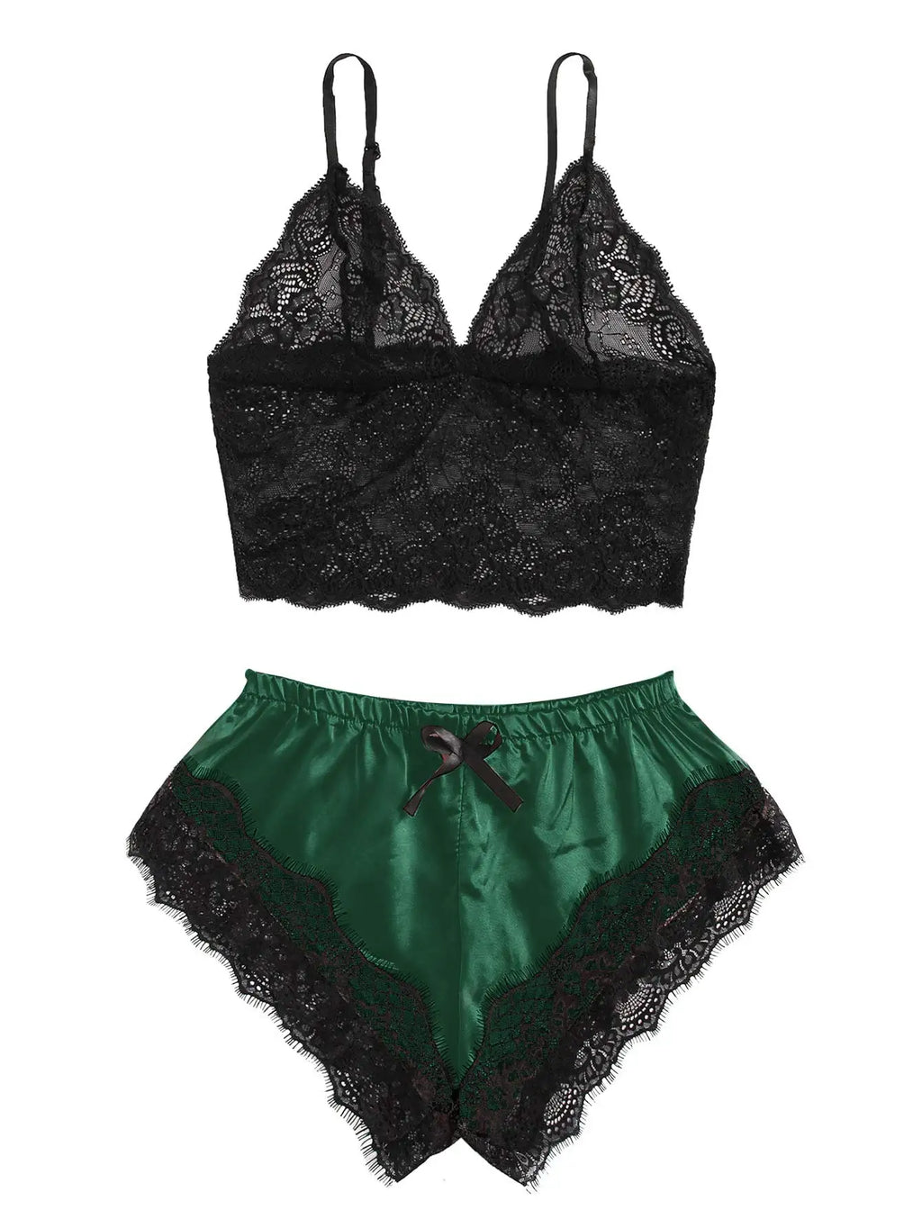 2PCS Women's Satin Pajama Set Lace Cami Top and Shorts Sexy Lingerie Sleepwear Summer Breathable Nightwear Black And Pink