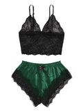 2PCS Women's Satin Pajama Set Lace Cami Top and Shorts Sexy Lingerie Sleepwear Summer Breathable Nightwear Black And Pink