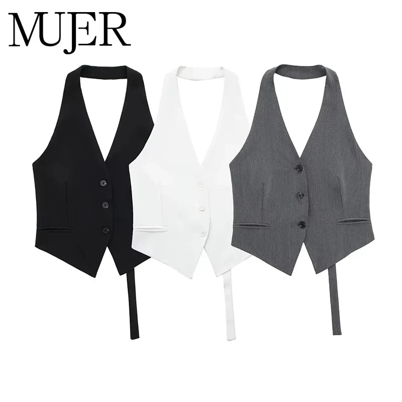 MUJER Off Shoulder Sleeveless Vest Women Black White Cropped Vest Woman Fashion Backless V Neck Short Coats Summer Waistcoat