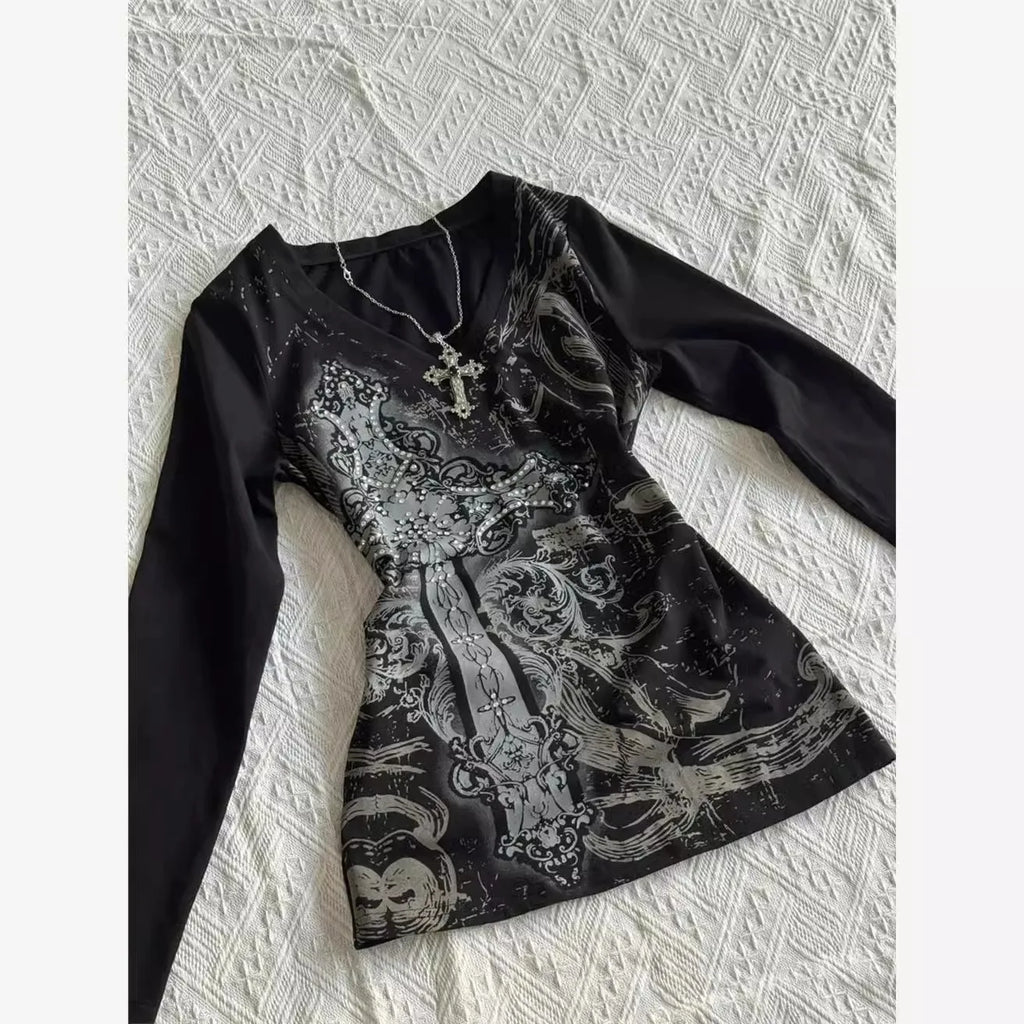 Retro Hip Hop Y2K T-Shirts Fashion Women Sexy Long Sleeve Gothic Vintage Punk Streetwear Tops Casual Slim Hot Girl Autumn Tees