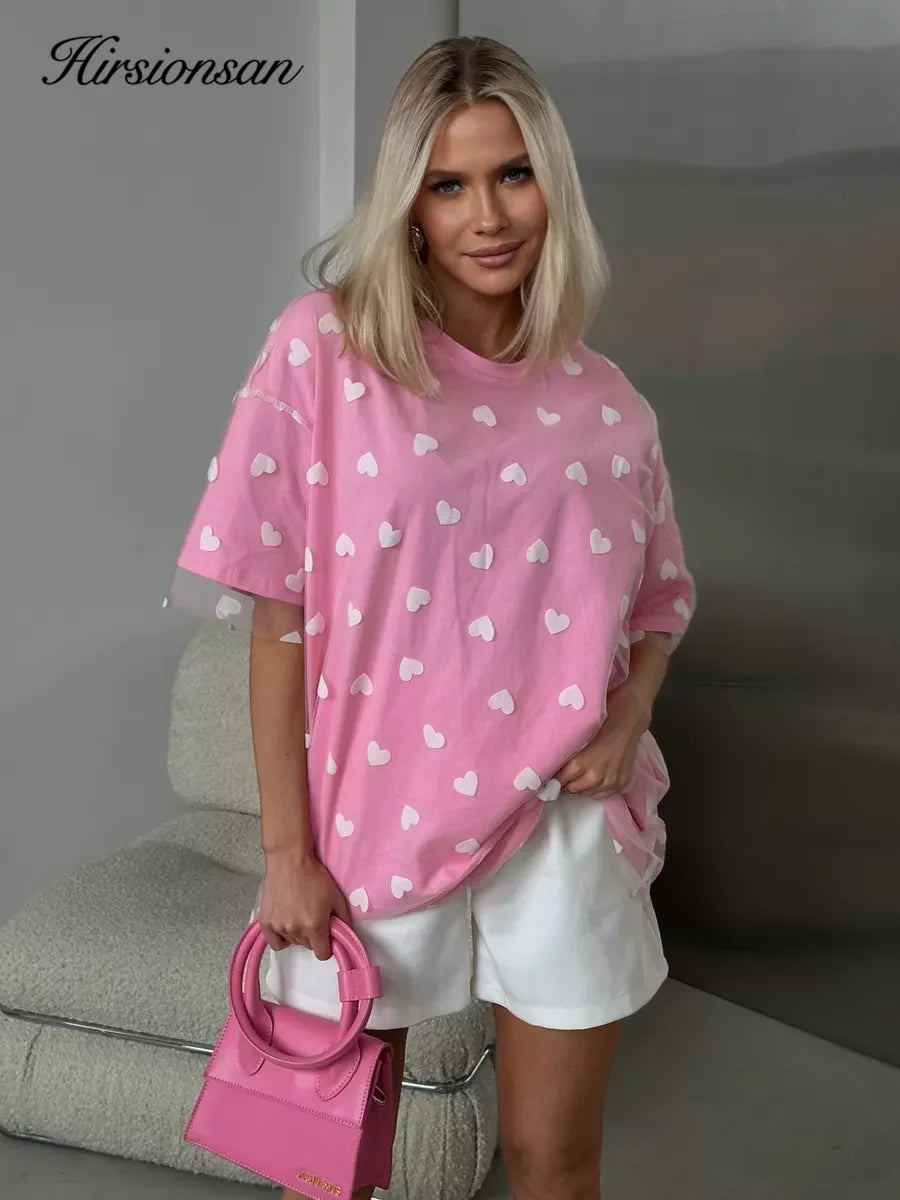 Hirsionsan Heart  Mesh Patchwork Vintage T Shirt Streetwear Aesthetic Chic T Shirt Women Casual Cotton Short Sleeve Tops Y2k