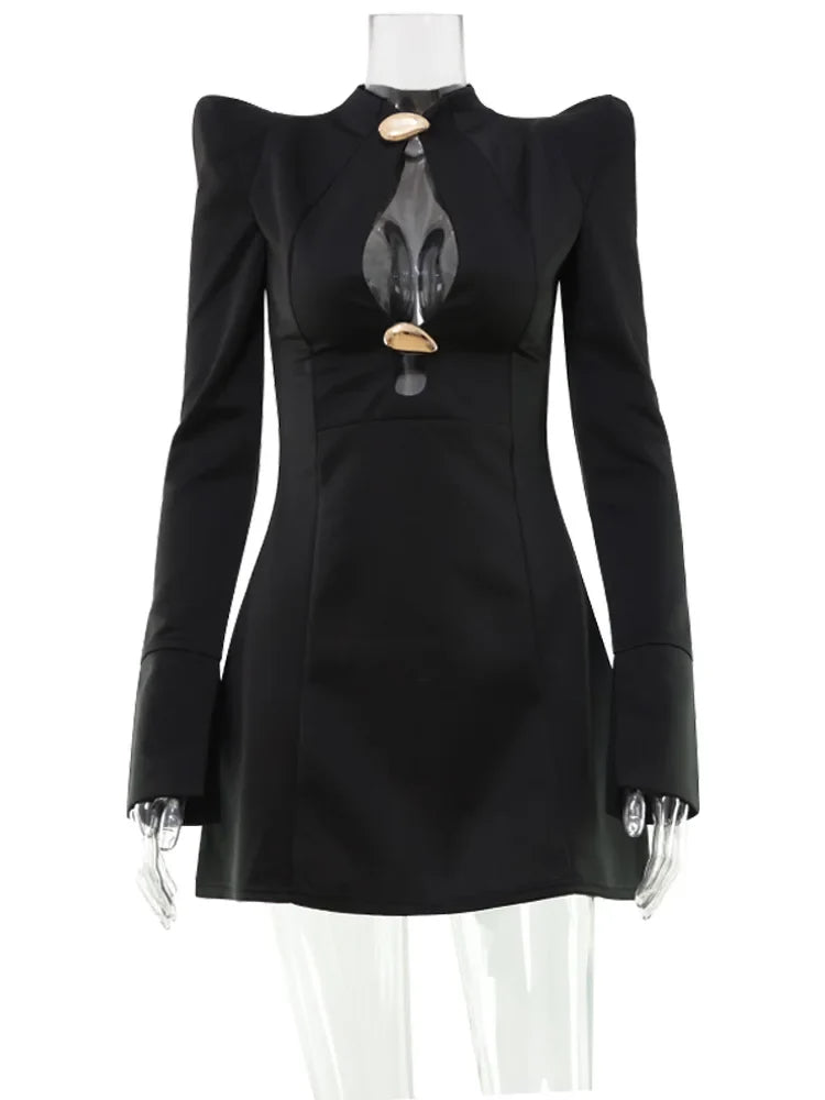 CNYISHE Metal Buckle Hollow Out Women Dresses Autum Fashion Solid O Neck Sheath Long Sleeve Sexy Club Female Bodycon Chic Robes