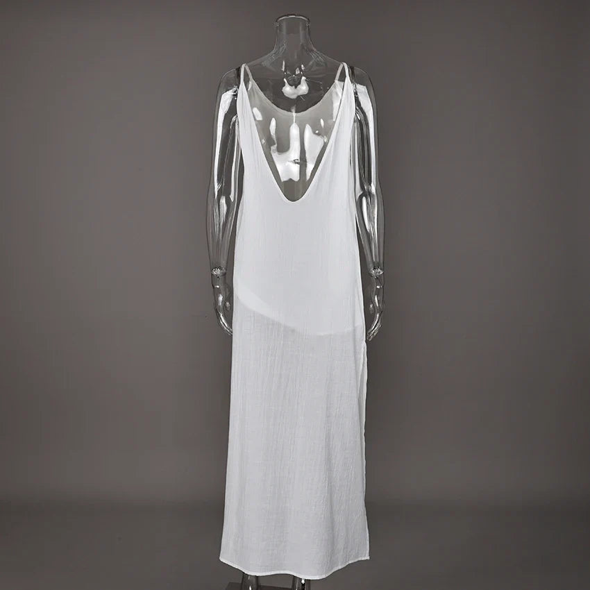 Linad Summer Casual White Long Dress Sexy Loose Backless Split Dresses Woman Street Chic V Neck Straight Dress For Women 2025