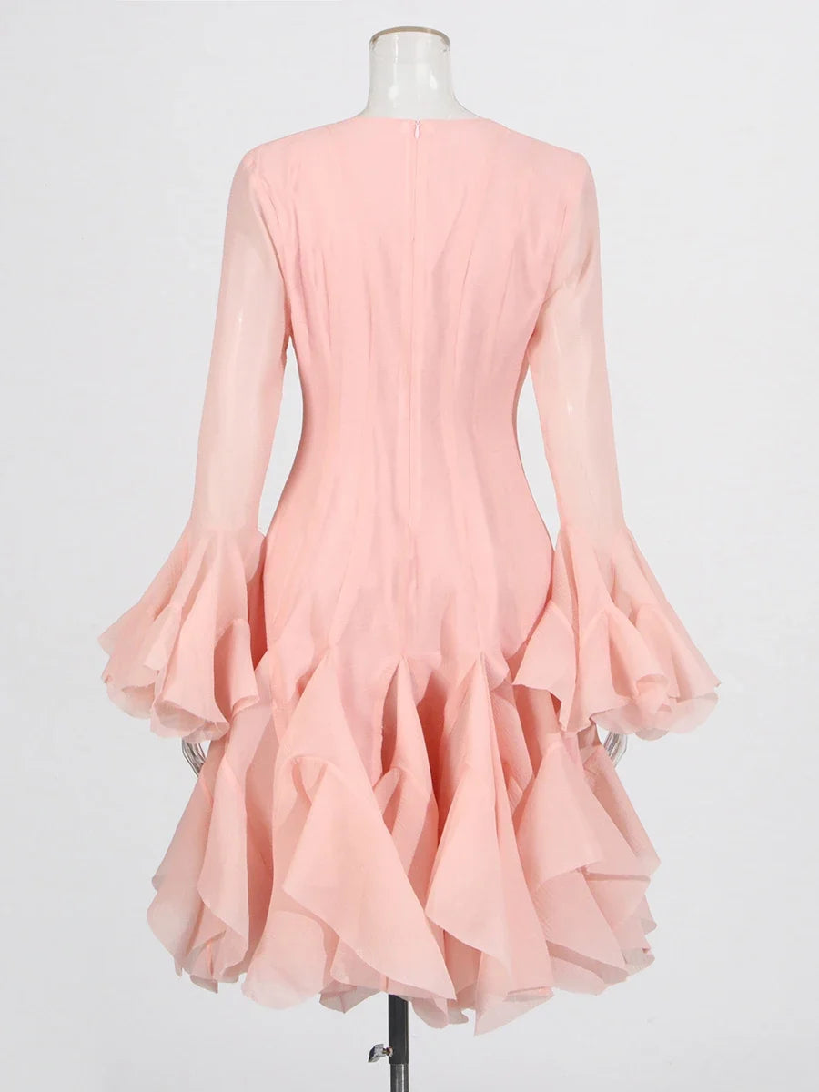 TWOTWINSTYLE Solid Long Dresses For Women Round Neck Flare Sleeve High Waist Slim A Line Spliced Ruffles Dress Female Fashion