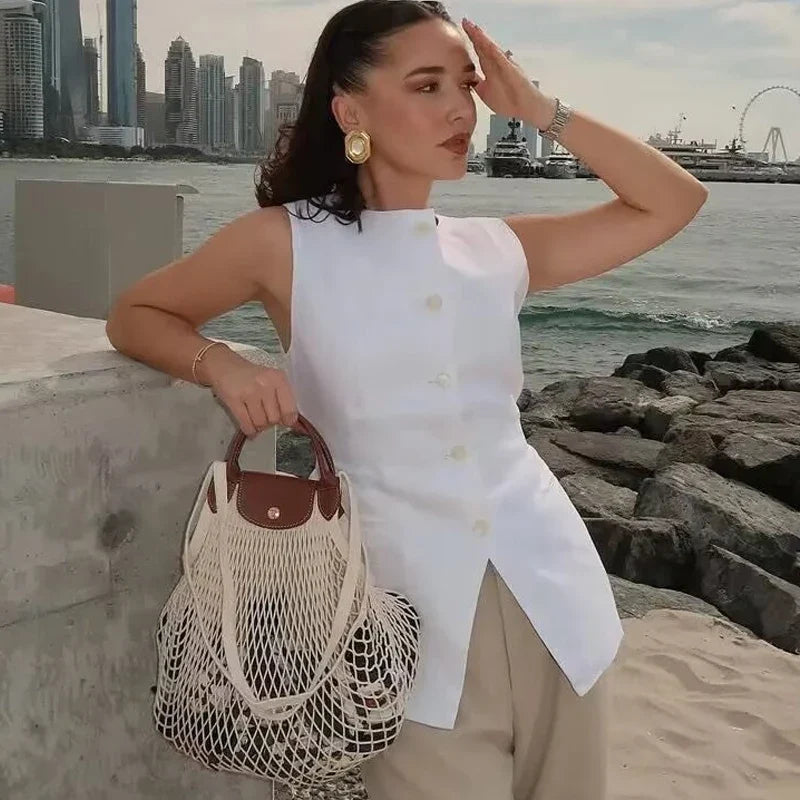 HXAO Woman Vest Outerwears Sleeveless Long Vests For Women Office Casual Women's Suit Vest Autumn Button Black White Vest