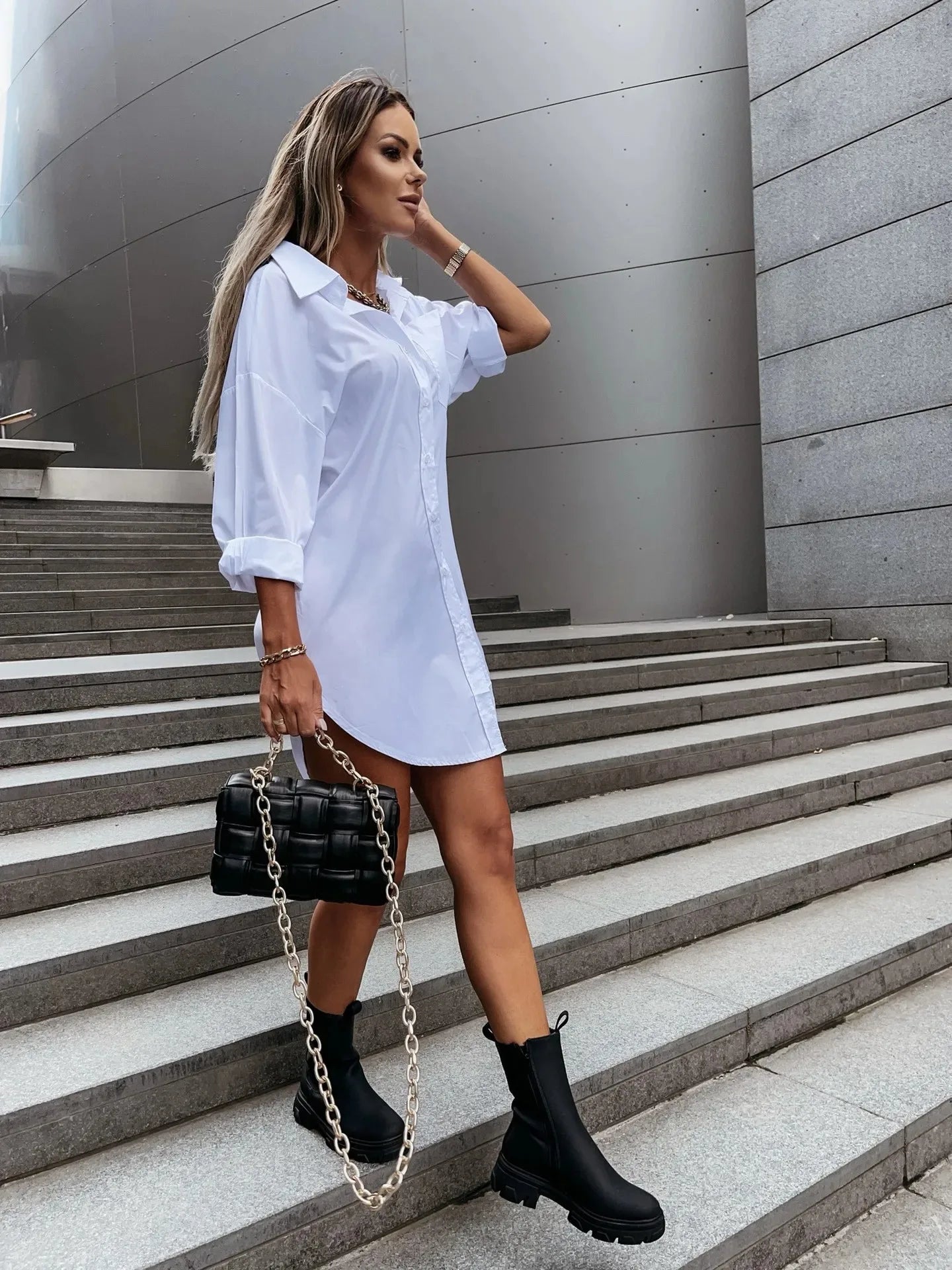 Women's Solid Color Button Front Shirt Dress - Casual Long Sleeve Lapel Dress for Spring & Fall