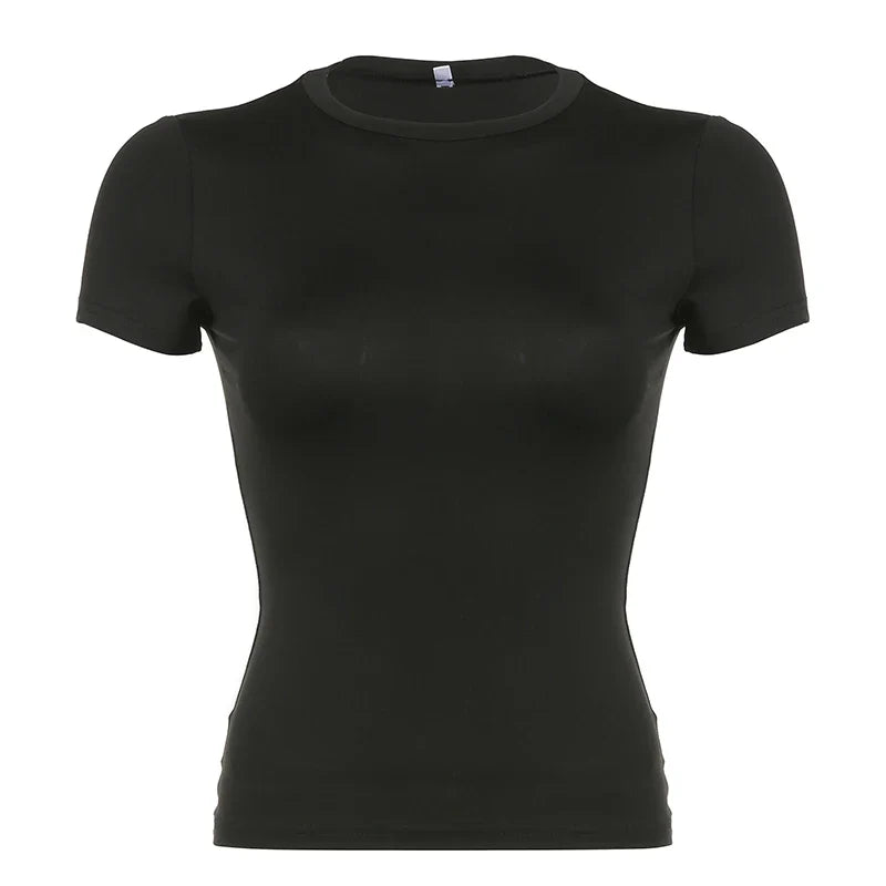 Basic Solid Crop Top Short Sleeve Crewneck Skinny T-shirt Summer Casual Tee for Women Y2K Vintage Top Harajuku Streetwear
