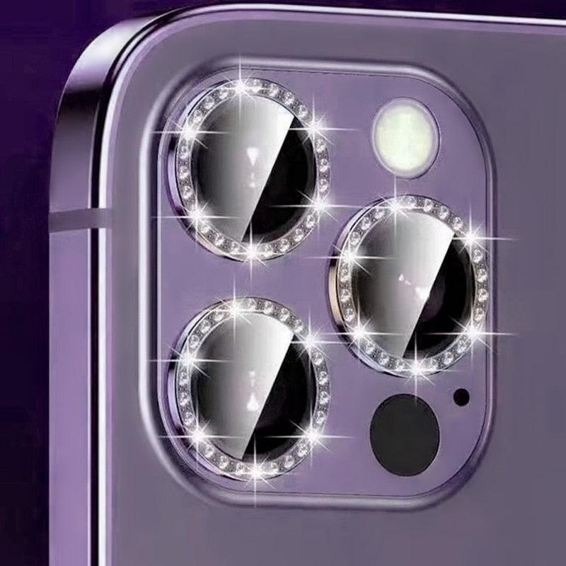 Glitter Diamond Rhinestones Metal Ring Camera Tempered Glass For iPhone 11 12 13 14 Pro Max Mini Plus Lens Protector Full Cover 9H Tempered Glass Camera Lens Protector Metal Single Ring Full Coverage Camera Lens Protector by Stevvex