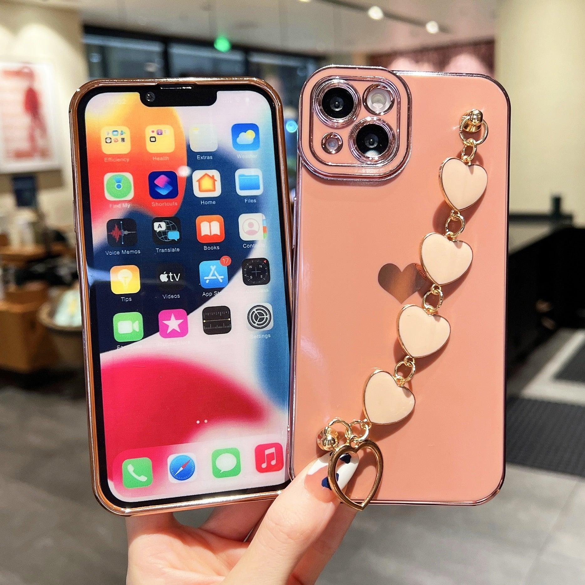 Luxury Love Heart Elegant Sparkle Case With Chain Bracelet Strap Soft Protective Bumper Cover Compatible with iPhone Bracelet soft case for iPhone 12 Pro Max 11 pro max X XS XR 7 8 Plus Stylish Phone Cover by Stevvex