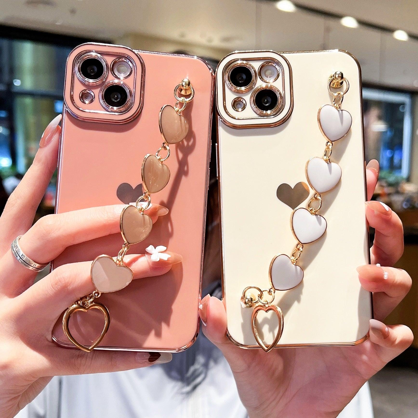 Luxury Love Heart Elegant Sparkle Case With Chain Bracelet Strap Soft Protective Bumper Cover Compatible with iPhone Bracelet soft case for iPhone 12 Pro Max 11 pro max X XS XR 7 8 Plus Stylish Phone Cover by Stevvex