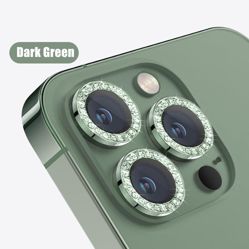 Glitter Diamond Rhinestones Metal Ring Camera Tempered Glass For iPhone 11 12 13 14 Pro Max Mini Plus Lens Protector Full Cover 9H Tempered Glass Camera Lens Protector Metal Single Ring Full Coverage Camera Lens Protector by Stevvex