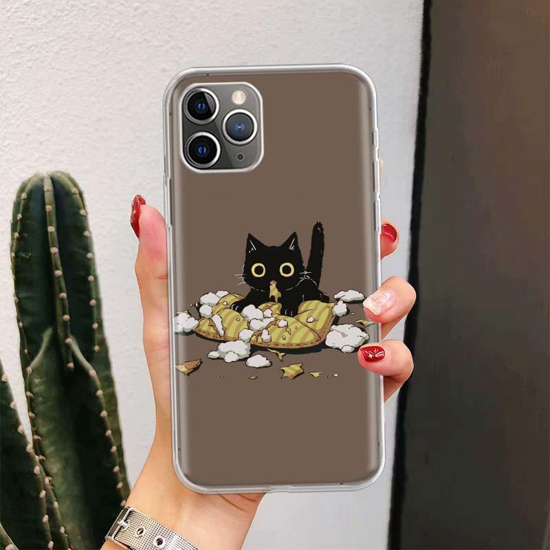 Black Cat Cartoon Cute For Iphone 11 13 14 Pro Max 12 Mini Phone Case X Xs Xr 6 6s 8 7 Plus Se 5 5s Cover Cute Funny Aesthetic Cat Design Pattern Silicone Soft Phone Case by Stevvex