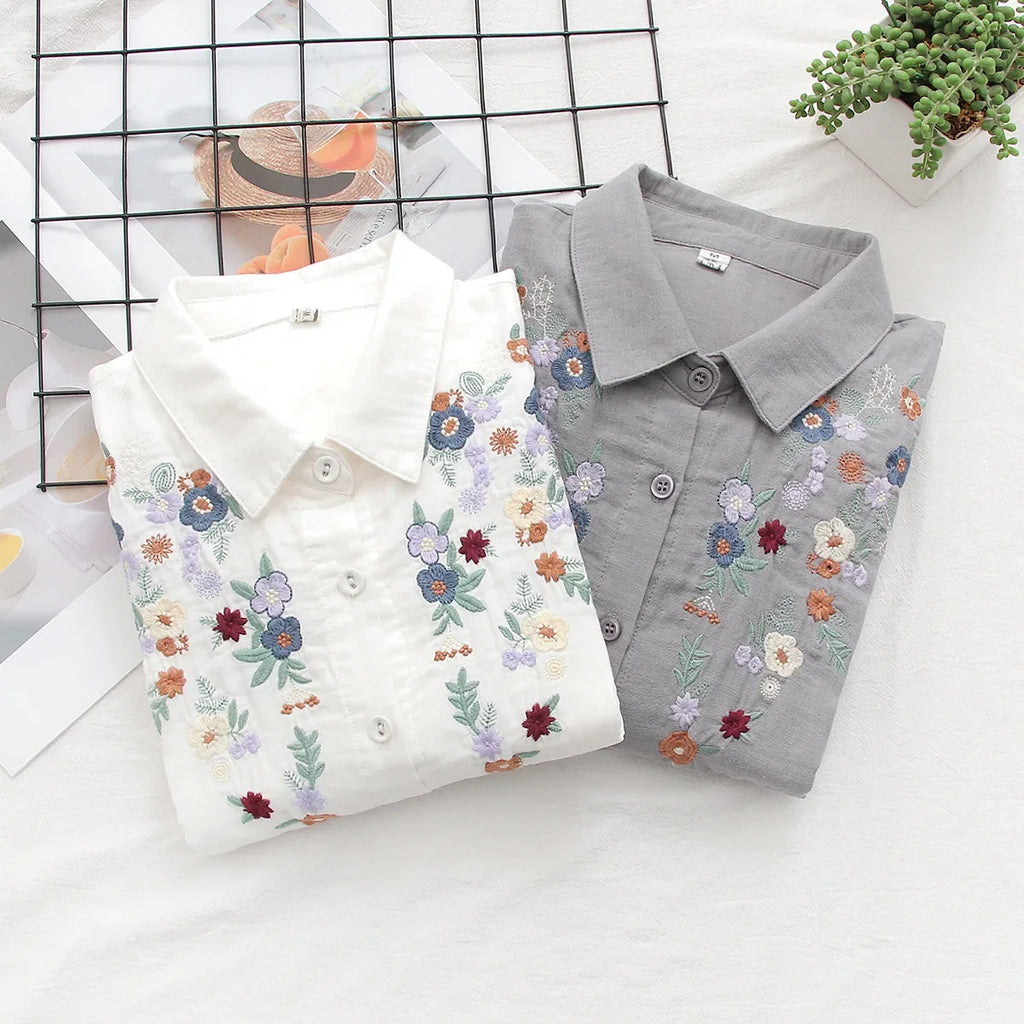 Spring Double 100% Cotton Yarn Shirts Women Turn-down Collar Loose Tops Girl Long Sleeve Embroidery Blouses 2024 Autumn T42909QM