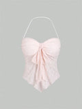 Bow knot Lace Halter Top for Women Summer Sexy Floral Pattern Off the Shoulder Backless V-neck Crop Top Y2K Clothes