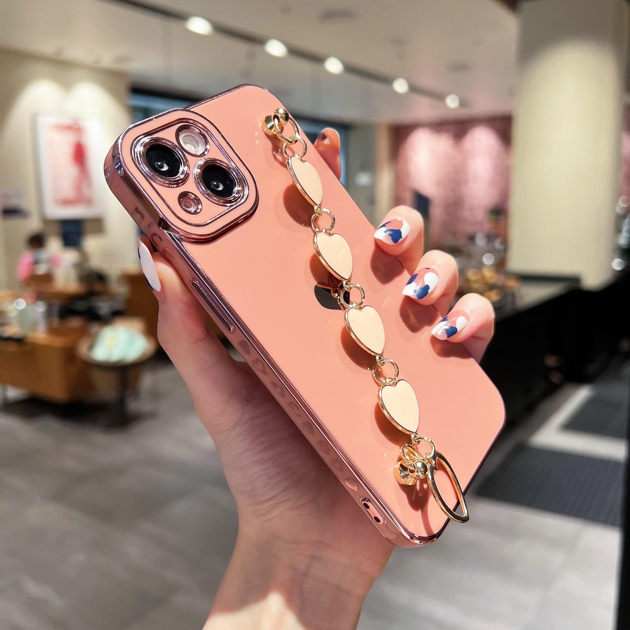 Luxury Love Heart Elegant Sparkle Case With Chain Bracelet Strap Soft Protective Bumper Cover Compatible with iPhone Bracelet soft case for iPhone 12 Pro Max 11 pro max X XS XR 7 8 Plus Stylish Phone Cover by Stevvex