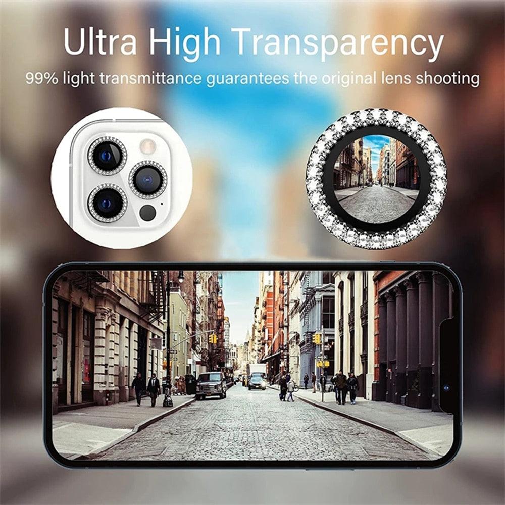 Glitter Diamond Rhinestones Metal Ring Camera Tempered Glass For iPhone 11 12 13 14 Pro Max Mini Plus Lens Protector Full Cover 9H Tempered Glass Camera Lens Protector Metal Single Ring Full Coverage Camera Lens Protector by Stevvex