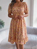Msfilia Leisure Square Collar Spring Summer Dress Women Short Sleeve Loose Waist Design Lotus Leaf A-shaped Print Dress