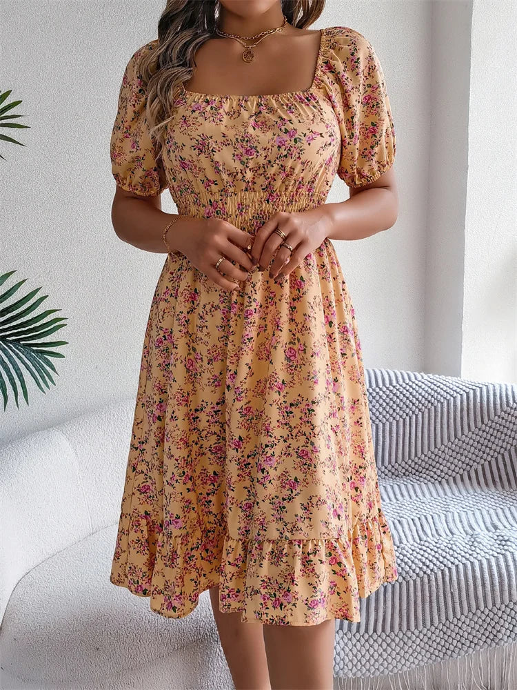 Msfilia Leisure Square Collar Spring Summer Dress Women Short Sleeve Loose Waist Design Lotus Leaf A-shaped Print Dress