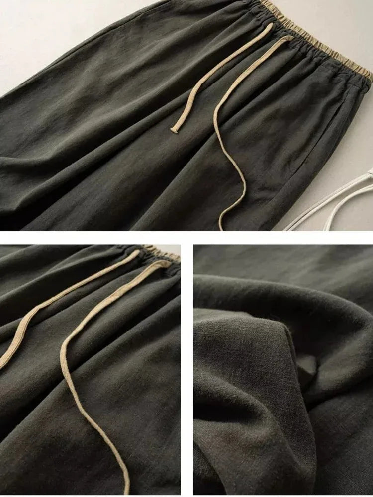 Retro commuting pants, Korean version, minimalist style, cotton linen wide leg casual pants, women's loose hanging straight leg