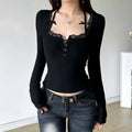 SweetSpicy Lace Stitching Square Collar Neck Long Sleeve T-Shirt Button-Up Cut-Out Slim Fit Knit Short Jacket