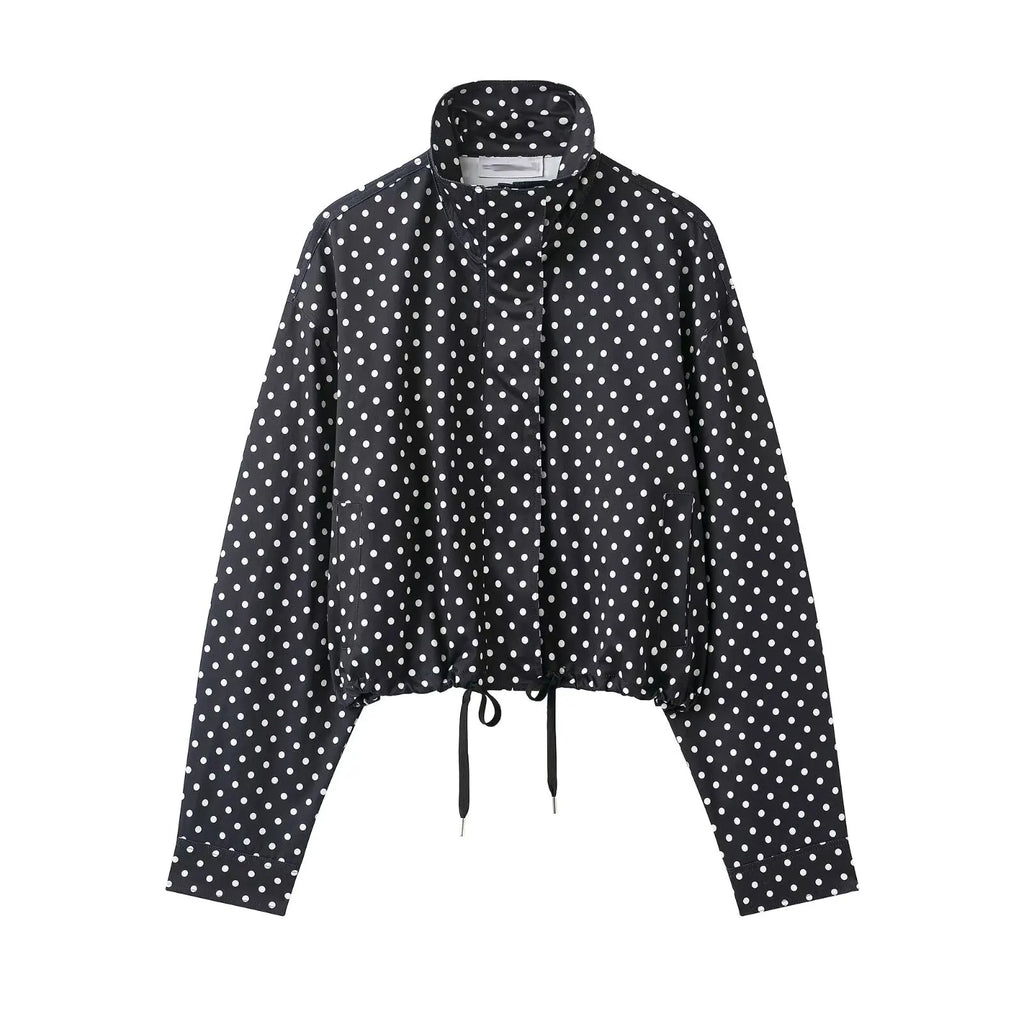 HH Women Elegant Fashion Polka Dot Pink Jacket Single Breasted High Collar Drawstring Coat Spring Lady Trend Street Outwear