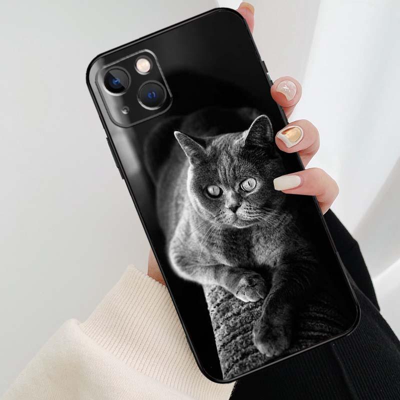 Beautiful Grey British Shorthair Cat Case For iPhone 12 13 Mini 13 11 12 14 Pro Max XS X XR 6S 7 8 Plus SE 2020 Silicone Cover Silicone Soft Black Moon Smooth Print Design by Stevvex