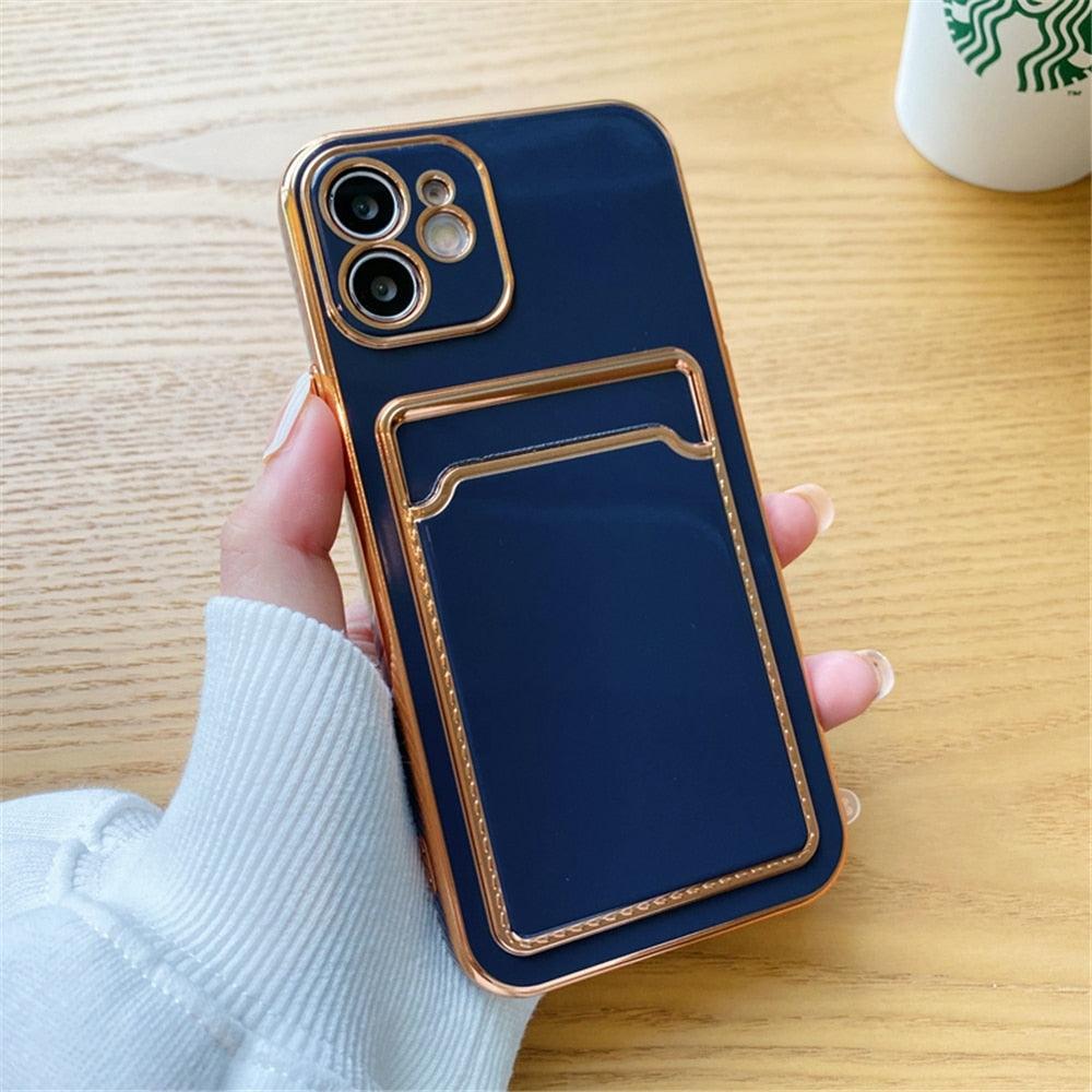Luxury Plating Silicone Card Slot Holder Case For iPhone 14 12 13 Pro Max Elegant Women Soft Wallet Shockproof Cover Soft Bumper Beautiful Shiny Color Smartphone Case For Women by Stevvex