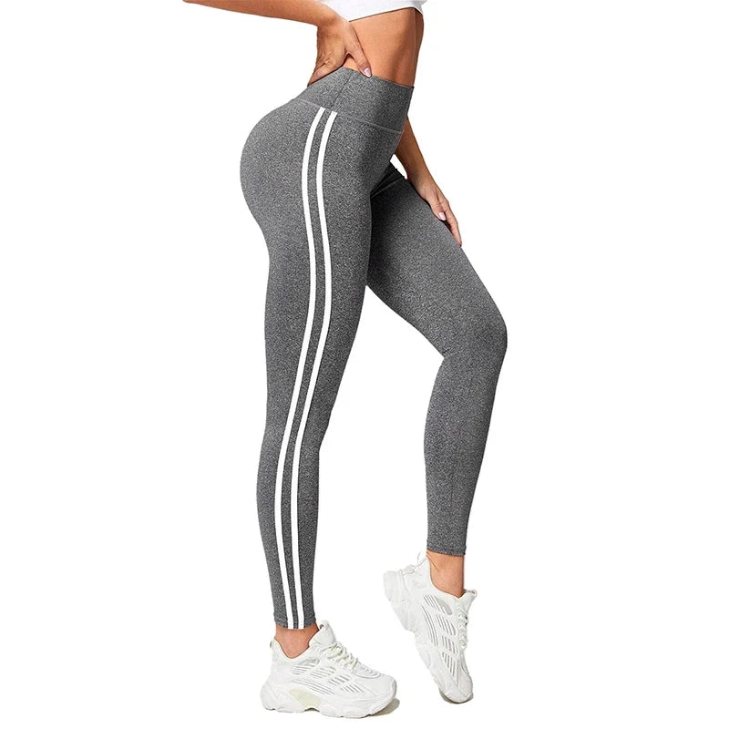 Womens High Waist Striped Yoga Leggings Butt Lifting Stretchy Breathable Tummy Control Soft Workout Pants for Gym Running