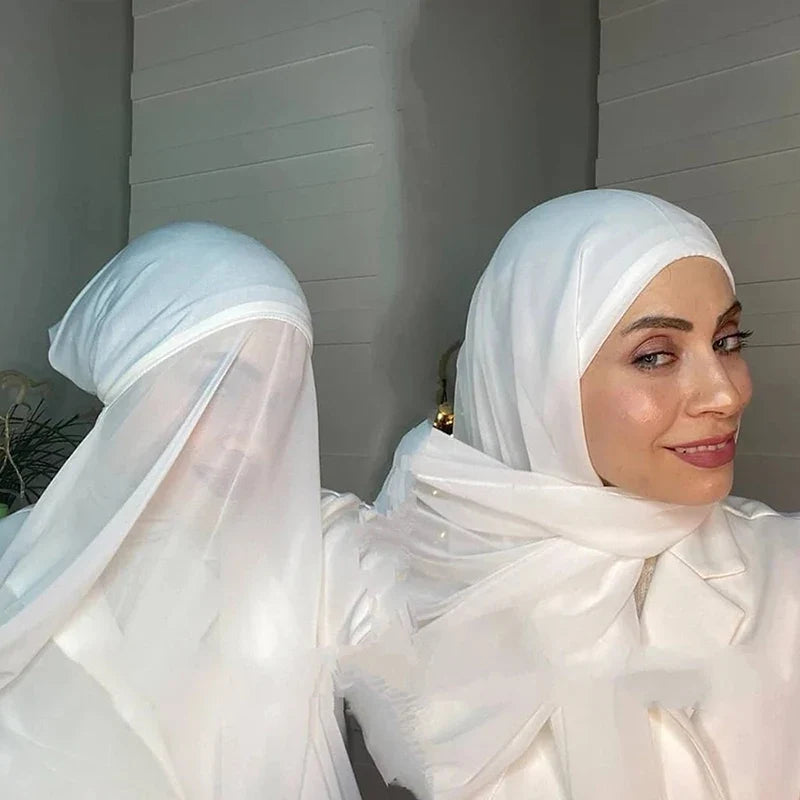New Plain Instant Hijab Bubble Chiffon With Modal Tube Cap Set Muslim Woman Hijab Innerscarf Casual Long Scarf Islamic Turban