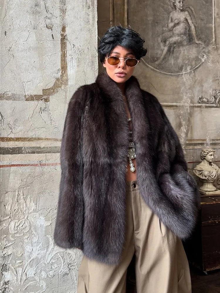 Solid Medium-length Fur Coat Women Elegant Lapel Hidden Button Loose Outerwear 2025 Winter New Office Lady Commute Overcoat
