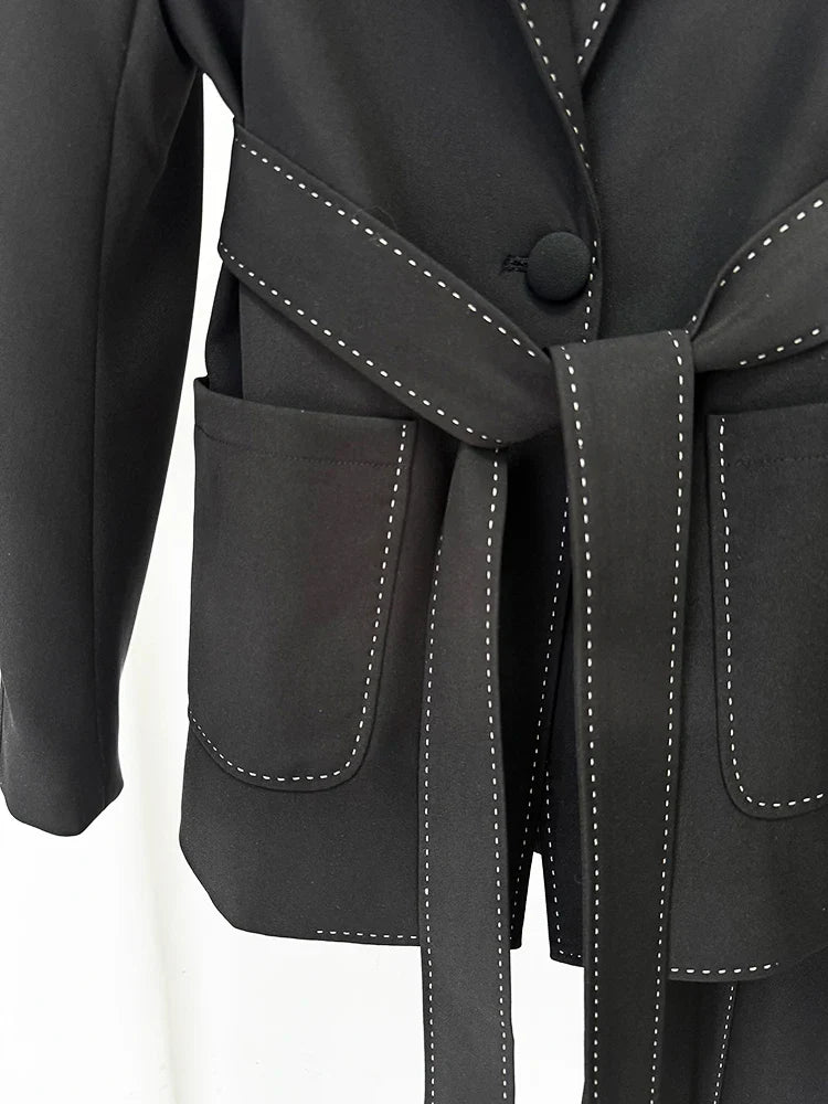 HIGH STREET Newest Fashion 2026 Designer Suit Set Women's Contrast Stitching Belted Blazer Pants Suit 2pcs
