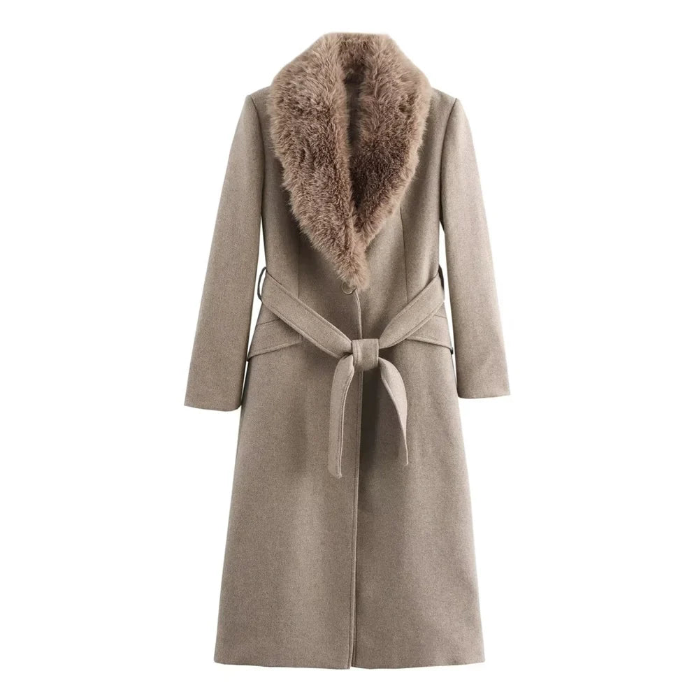 Women's Belt Warm Fur Collar Coat Flip Collar Pocket Button Decoration Autumn/Winter New Women's Wear