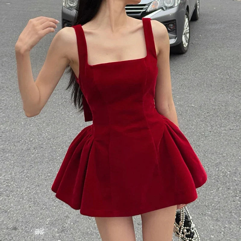 BKLD Fashion Red Bowknot Mini Dress Straps Square Collar Sleeveless Backless Vintage Cute Ladies Slim Party Short A-line Dresses