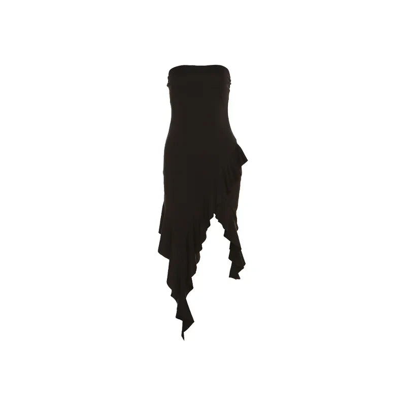 Sylcue Simple Black Thin Knitted Breathable High Elastic Sexy Mature Charm Young Girl Women'S Irregular Summer Wrap Dress