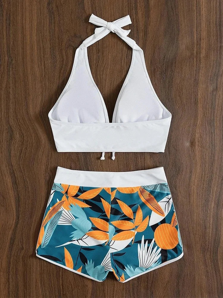Halter Bikini Set Short Swimsuit Women High Waist Swimwear Female Printed Bathers Swimming Bathing Swim Suit Beachwear