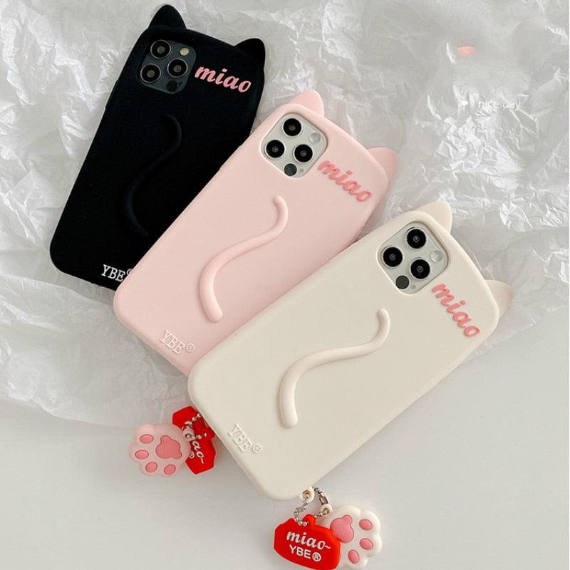Cartoon Cute Cat Ear Phone Case For Iphone 14 12 13 11pro Max X Xr Xs 7 14plus Matte Soft Silicone Shockproof Case Funny Cat Design Cute Back Case by Stevvex