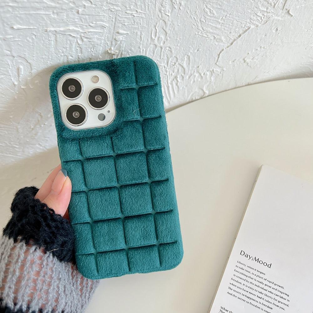 Fashion Fur Winter Warm Plush Square Lattice Solid Color Phone Case For iPhone 14 13 12 11 Pro Max Plus Fluffy Back Cover Case Silicon Soft Fluffy Furry Shockproof Protective Phone Case for iPhone by Stevvex
