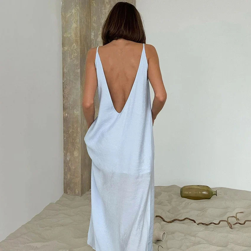 Linad Summer Casual White Long Dress Sexy Loose Backless Split Dresses Woman Street Chic V Neck Straight Dress For Women 2025