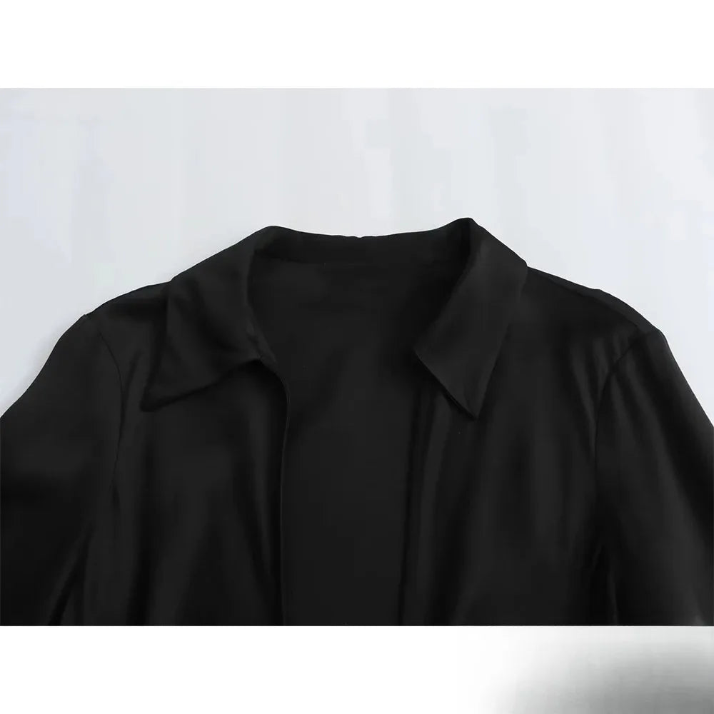 KONDALA Sexy Black Satin Bow Tie Shirts Women Long Sleeve V Neck Slim Blouses Fashion 2025 Autumn Elegant Silky Tops