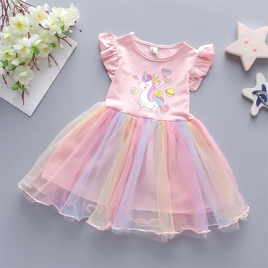 A Cute Girl'S Dress From 0 To 3 Years Old In Summer Sleeveless Love Trojan Horse Print Patchwork Rainbow Mesh Daily Casual Dress