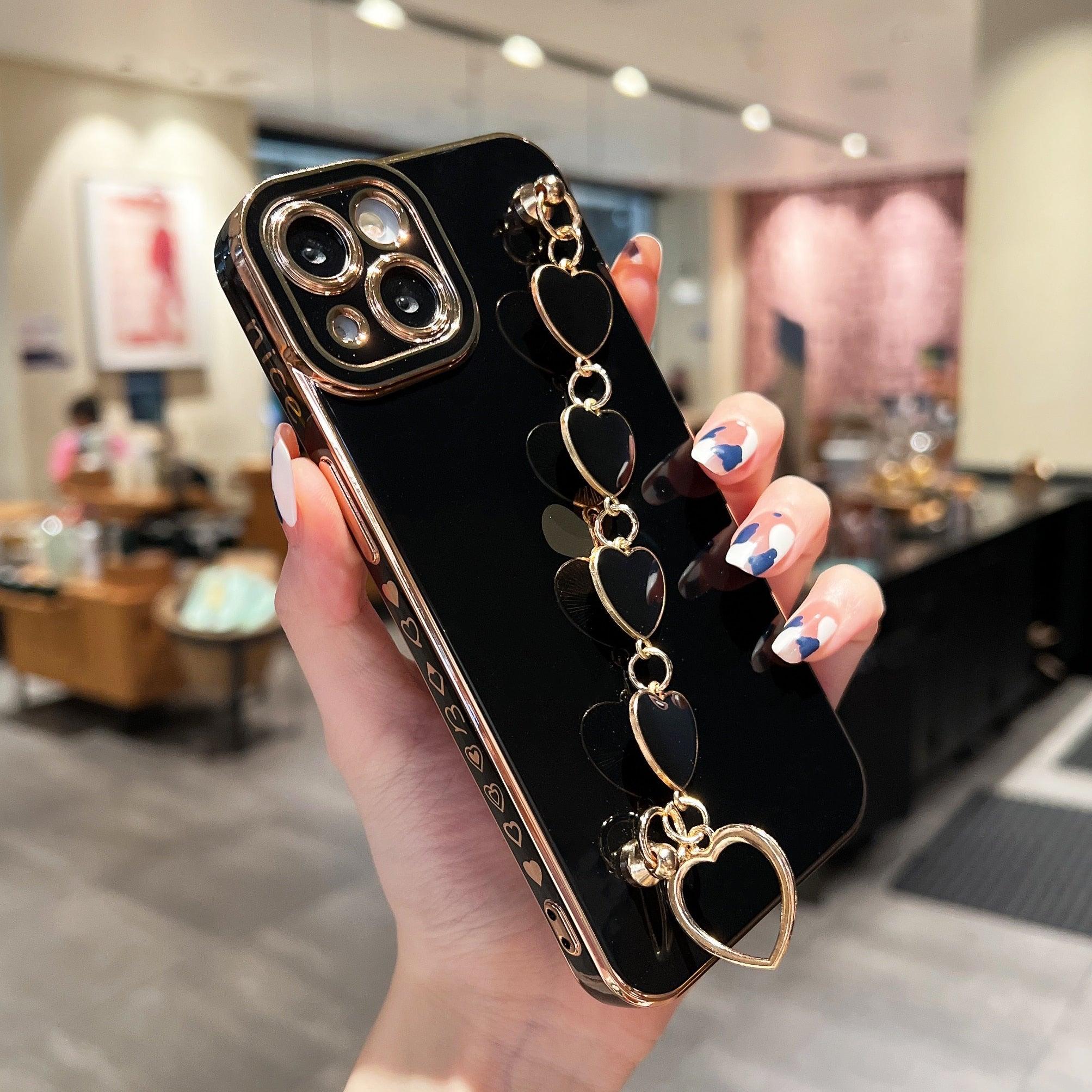 Luxury Love Heart Elegant Sparkle Case With Chain Bracelet Strap Soft Protective Bumper Cover Compatible with iPhone Bracelet soft case for iPhone 12 Pro Max 11 pro max X XS XR 7 8 Plus Stylish Phone Cover by Stevvex