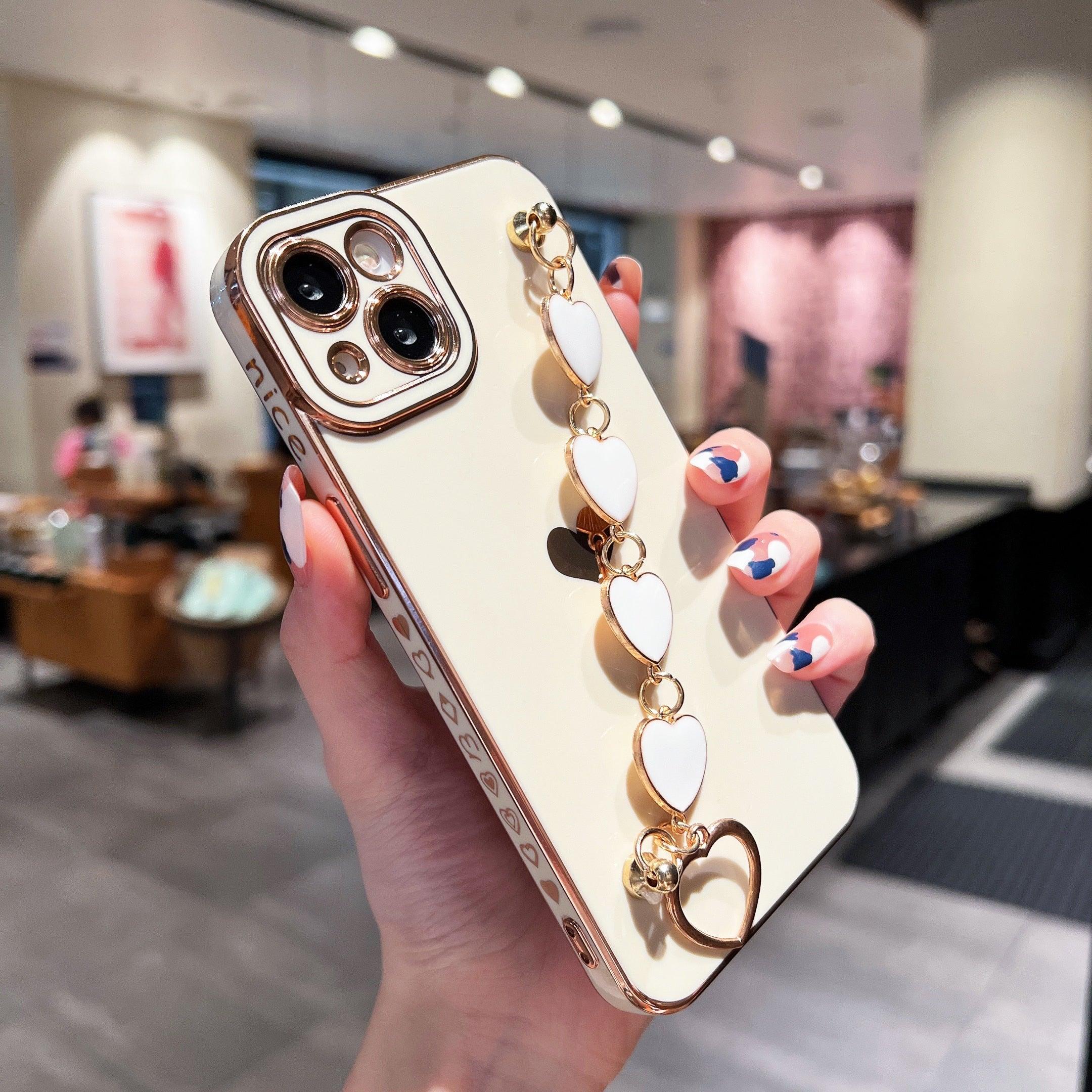 Luxury Love Heart Elegant Sparkle Case With Chain Bracelet Strap Soft Protective Bumper Cover Compatible with iPhone Bracelet soft case for iPhone 12 Pro Max 11 pro max X XS XR 7 8 Plus Stylish Phone Cover by Stevvex