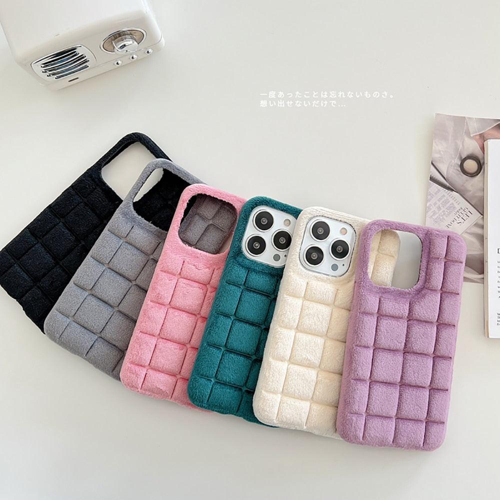 Fashion Fur Winter Warm Plush Square Lattice Solid Color Phone Case For iPhone 14 13 12 11 Pro Max Plus Fluffy Back Cover Case Silicon Soft Fluffy Furry Shockproof Protective Phone Case for iPhone by Stevvex