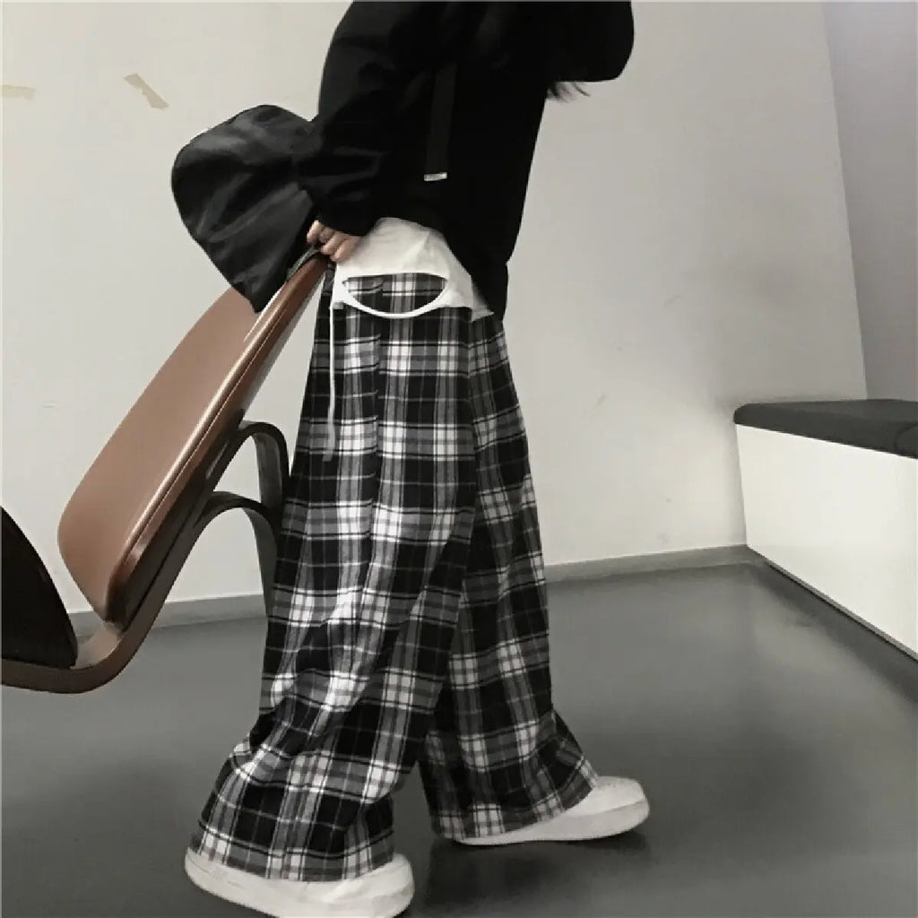 Casual sports pants, fashionable black checkered pants, loose elastic waist pocket, wide leg pants, neutral hip-hop loose pants