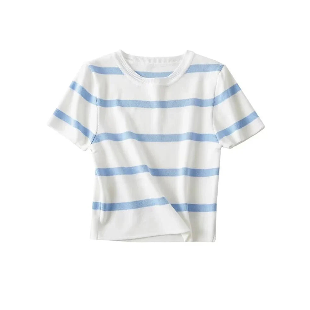Women Fashion Striped Basic Cropped Knit Sweater Vintage O Neck Short Sleeve Female Pullovers Chic Tops