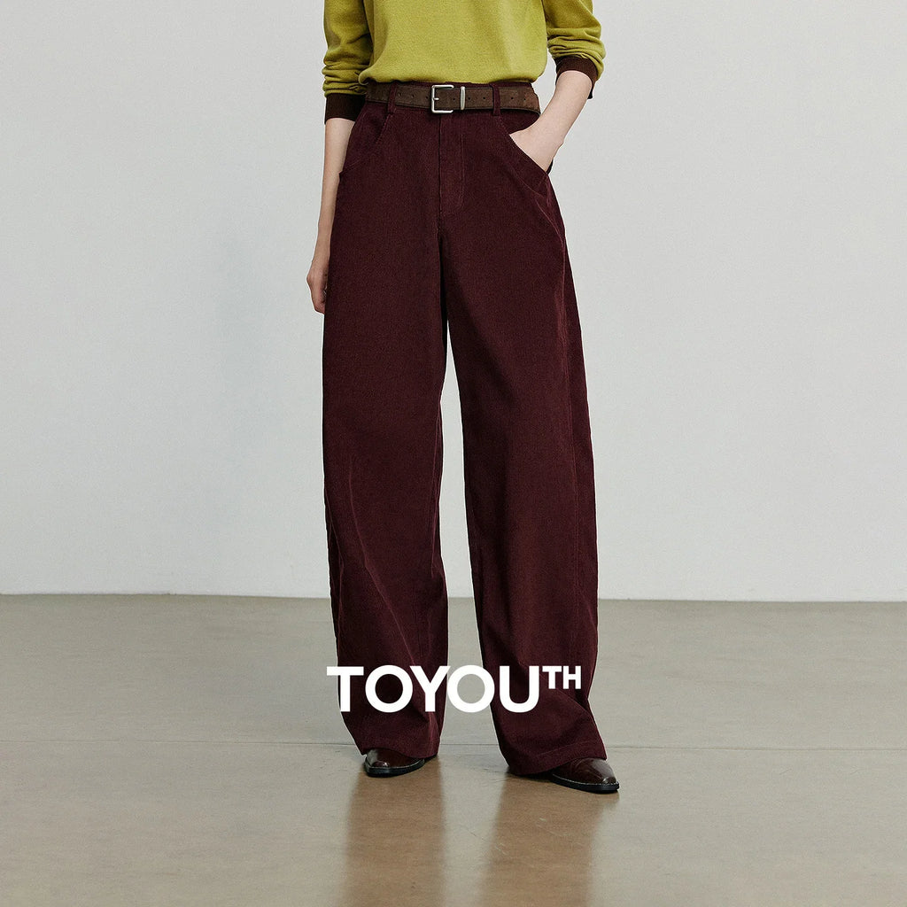 TOYOUTH Women Casual Pants 2025 Autumn New Corduroy Straight Wide Leg Banana Pants Ankola Red