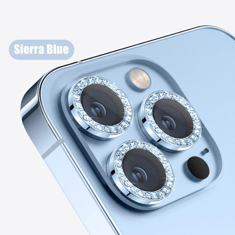 Glitter Diamond Rhinestones Metal Ring Camera Tempered Glass For iPhone 11 12 13 14 Pro Max Mini Plus Lens Protector Full Cover 9H Tempered Glass Camera Lens Protector Metal Single Ring Full Coverage Camera Lens Protector by Stevvex