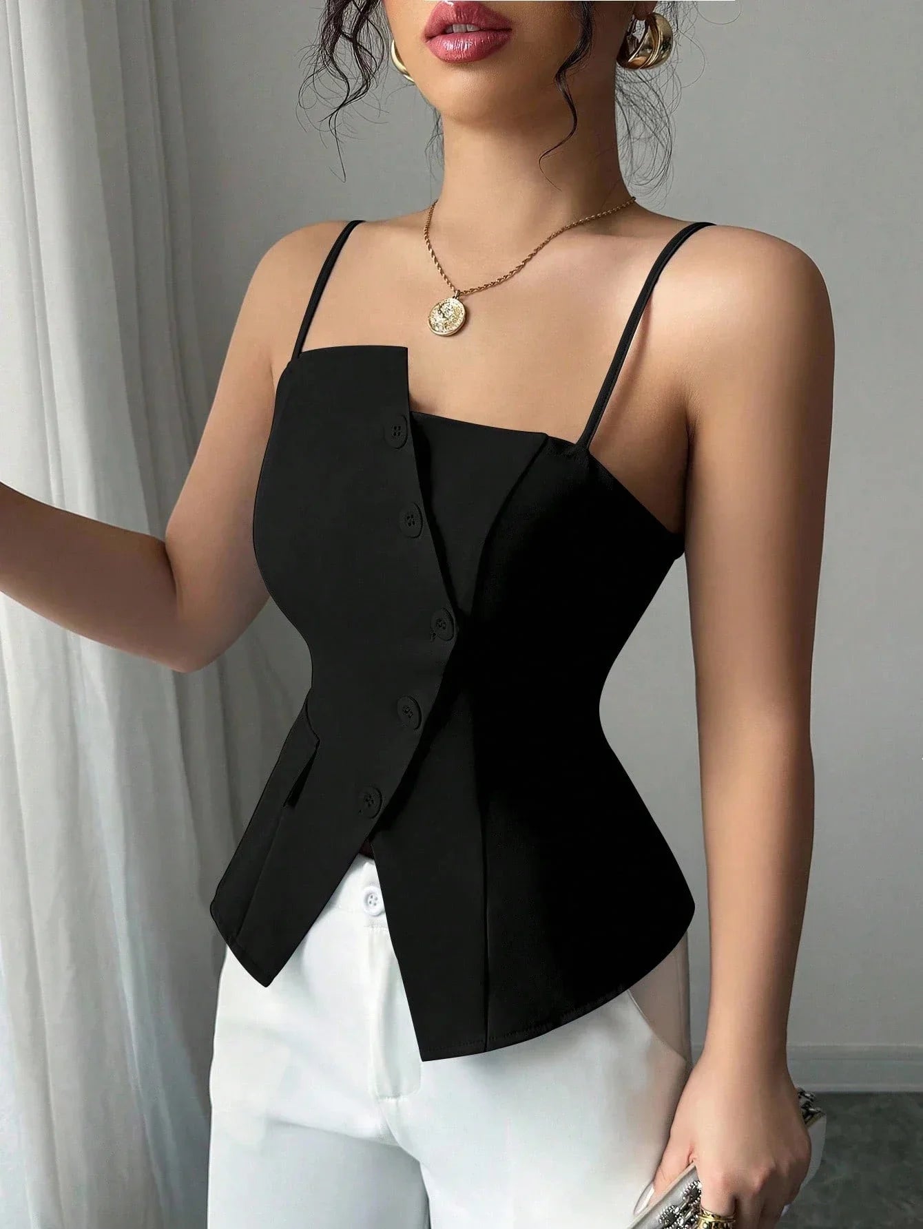 Womens Cami Top Thin Strap Asymmetric Button Cami Top Button Blazer Vest Fit Elegant Chic Apparel Tops Spring Summer Daily Shirt