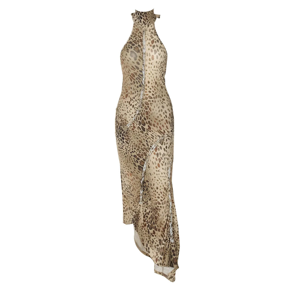 Cryptographic Fashion Halter Leopard Sexy Backless Maxi Dress Women Club Outfits Bandage Embellished Long Dresses Robe Clothes