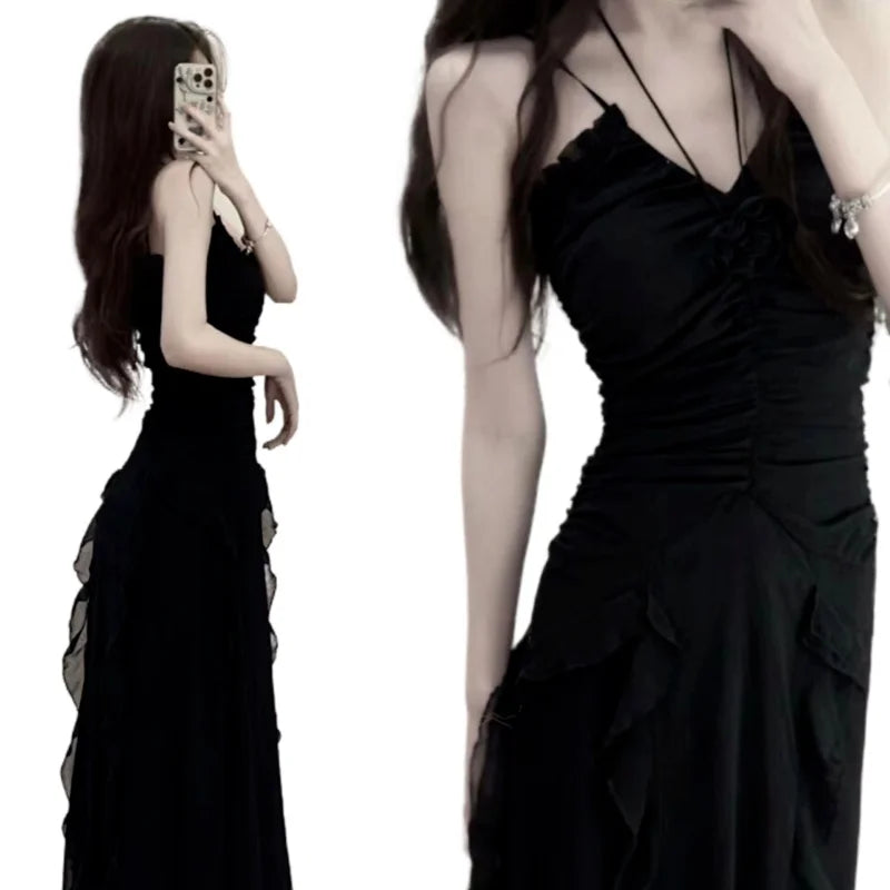 Design Style Small Black Dress Women's Summer Waist Wrap Show Thin Super y2k formal occasion vestidos 2023 women dress